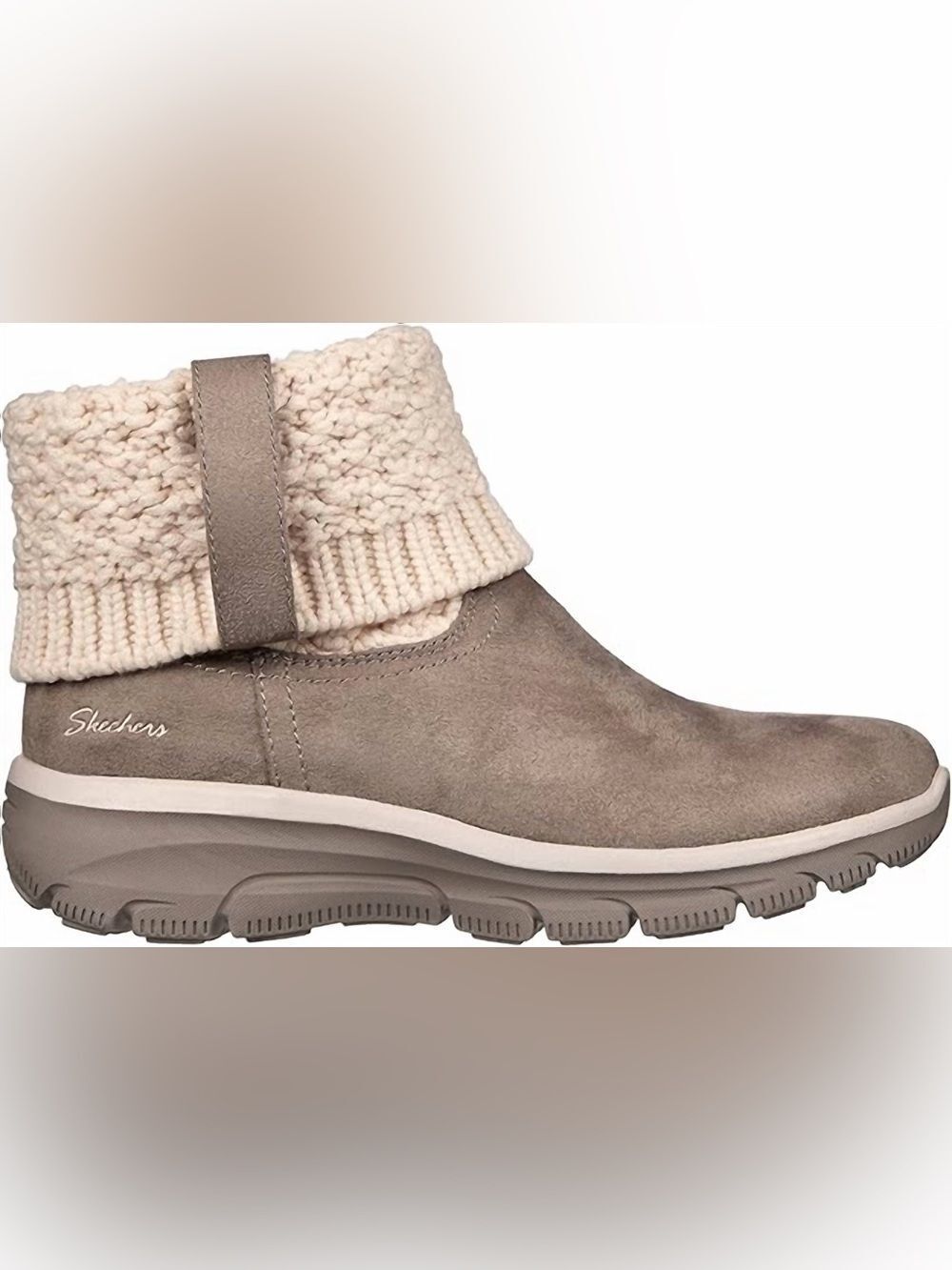 Skechers Taupe Easy Going Suede Ankle Boot with Cream Knit Cuff